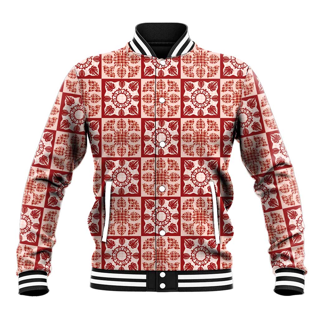 Ulaula Palaka Quilt Hawaii Baseball Jacket Hawaiian Tropical Monstera Sea Turtle LT14 Unisex Red - Polynesian Pride