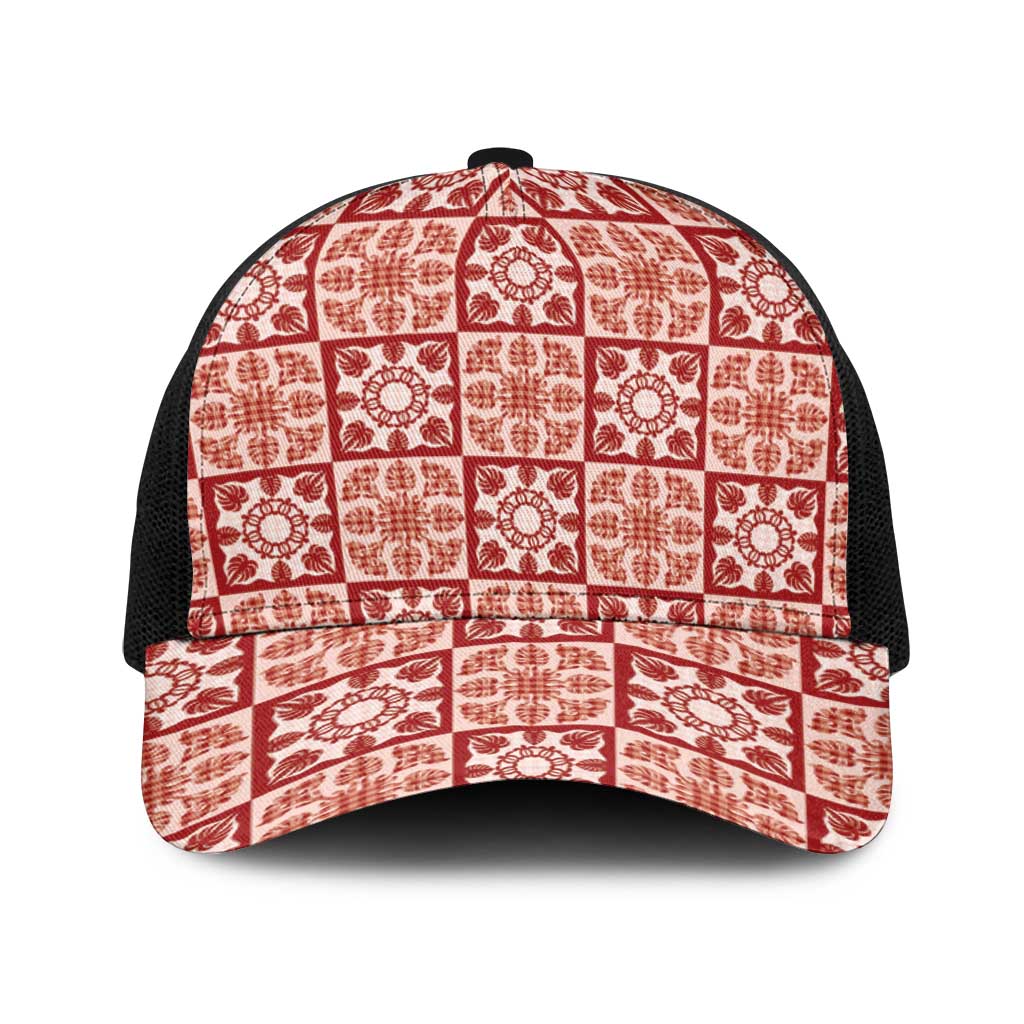 Ulaula Palaka Quilt Hawaii Baseball Net Cap Hawaiian Tropical Monstera Sea Turtle LT14 One Size Black Red - Polynesian Pride