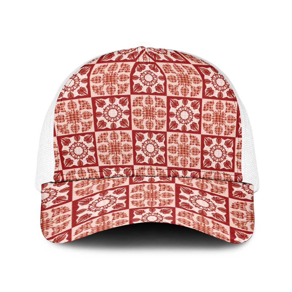 Ulaula Palaka Quilt Hawaii Baseball Net Cap Hawaiian Tropical Monstera Sea Turtle LT14 One Size White Red - Polynesian Pride