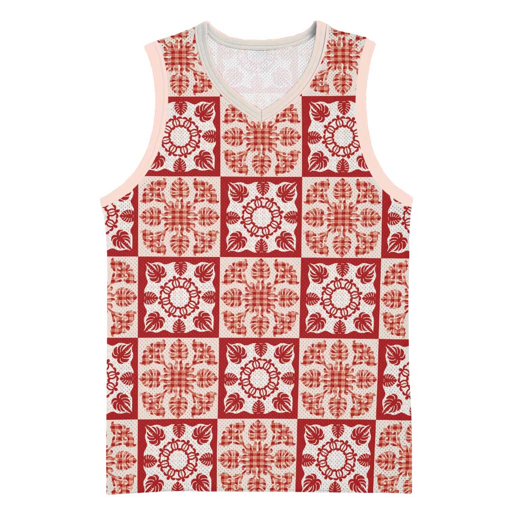 Ulaula Palaka Quilt Hawaii Basketball Jersey Hawaiian Tropical Monstera Sea Turtle LT14 Unisex Red - Polynesian Pride