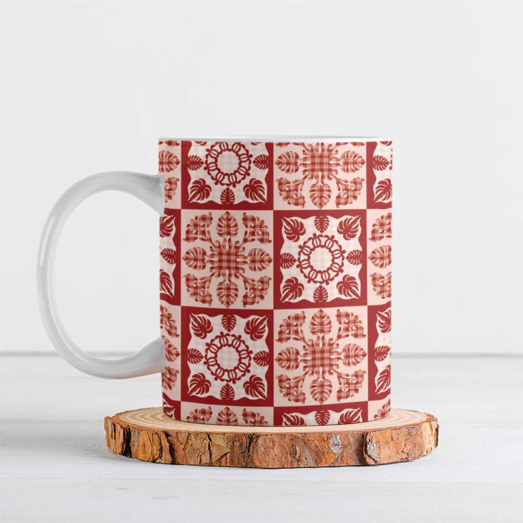 Ulaula Palaka Quilt Hawaii Ceramic Mug Hawaiian Tropical Monstera Sea Turtle LT14 Red - Polynesian Pride
