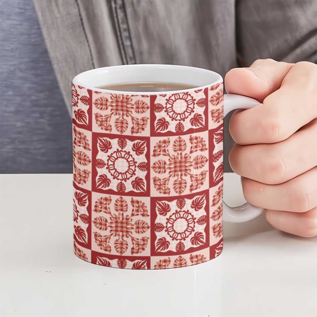 Ulaula Palaka Quilt Hawaii Ceramic Mug Hawaiian Tropical Monstera Sea Turtle LT14 - Polynesian Pride