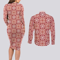 Ulaula Palaka Quilt Hawaii Couples Matching Long Sleeve Bodycon Dress and Long Sleeve Button Shirt Hawaiian Tropical Monstera Sea Turtle