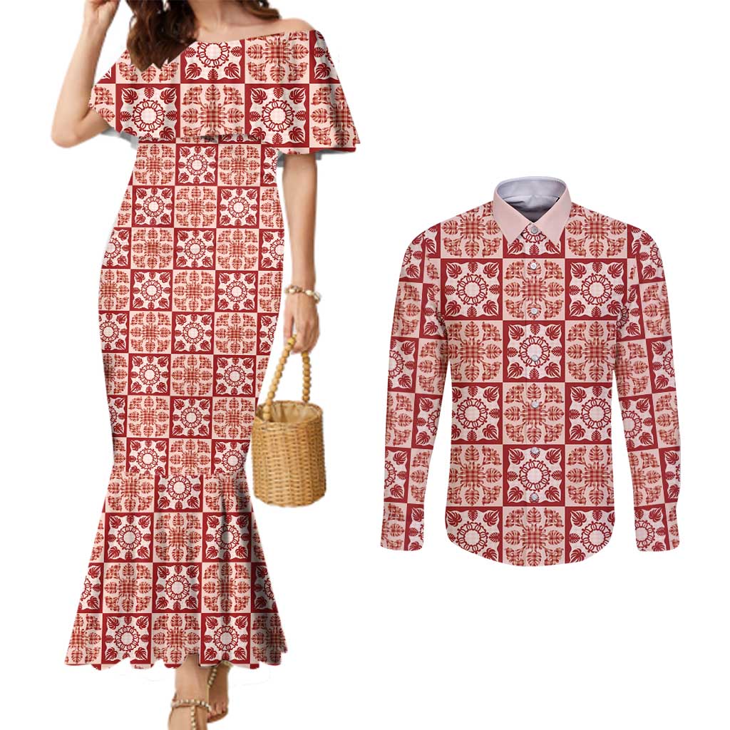Ulaula Palaka Quilt Hawaii Couples Matching Mermaid Dress and Long Sleeve Button Shirt Hawaiian Tropical Monstera Sea Turtle