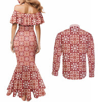 Ulaula Palaka Quilt Hawaii Couples Matching Mermaid Dress and Long Sleeve Button Shirt Hawaiian Tropical Monstera Sea Turtle