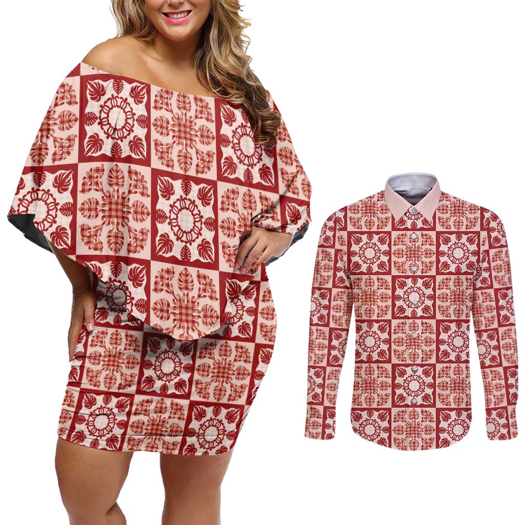 Ulaula Palaka Quilt Hawaii Couples Matching Off Shoulder Short Dress and Long Sleeve Button Shirt Hawaiian Tropical Monstera Sea Turtle