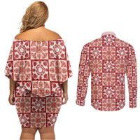 Ulaula Palaka Quilt Hawaii Couples Matching Off Shoulder Short Dress and Long Sleeve Button Shirt Hawaiian Tropical Monstera Sea Turtle