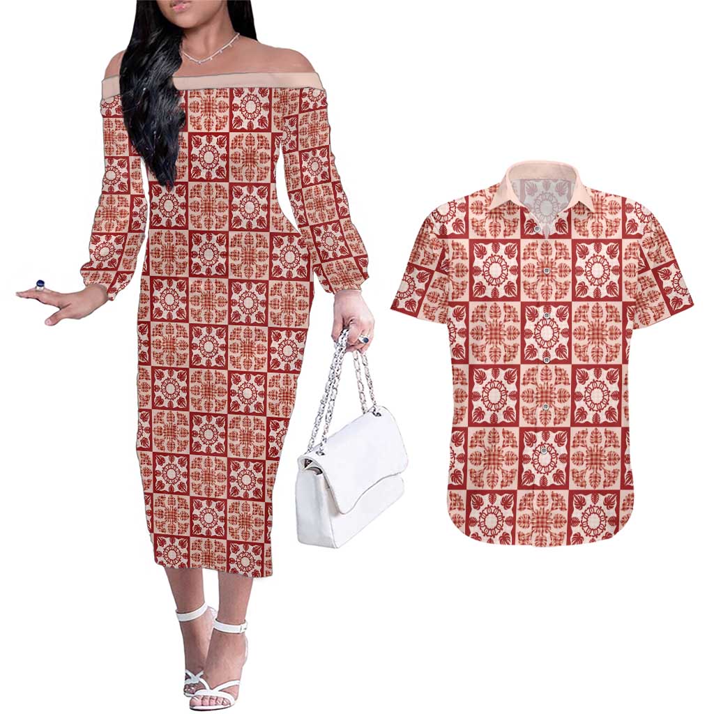 Ulaula Palaka Quilt Hawaii Couples Matching Off The Shoulder Long Sleeve Dress and Hawaiian Shirt Hawaiian Tropical Monstera Sea Turtle