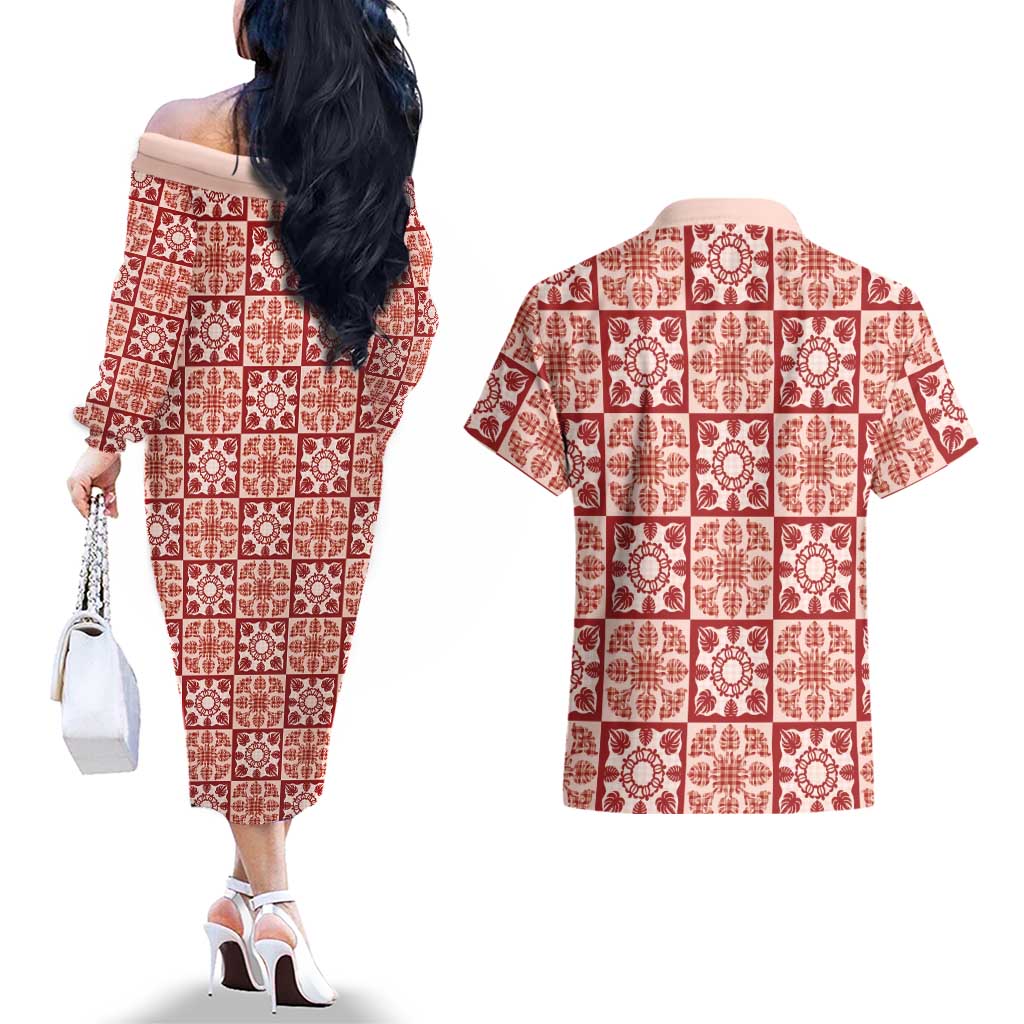 Ulaula Palaka Quilt Hawaii Couples Matching Off The Shoulder Long Sleeve Dress and Hawaiian Shirt Hawaiian Tropical Monstera Sea Turtle