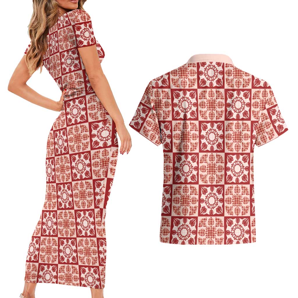 Ulaula Palaka Quilt Hawaii Couples Matching Short Sleeve Bodycon Dress and Hawaiian Shirt Hawaiian Tropical Monstera Sea Turtle