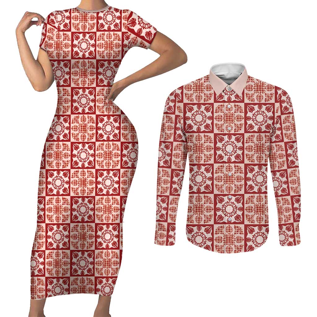 Ulaula Palaka Quilt Hawaii Couples Matching Short Sleeve Bodycon Dress and Long Sleeve Button Shirt Hawaiian Tropical Monstera Sea Turtle