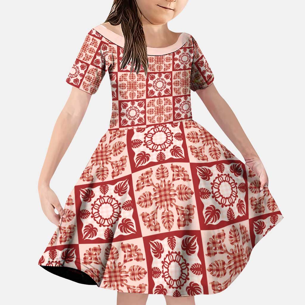 Ulaula Palaka Quilt Hawaii Family Matching Off The Shoulder Long Sleeve Dress and Hawaiian Shirt Hawaiian Tropical Monstera Sea Turtle