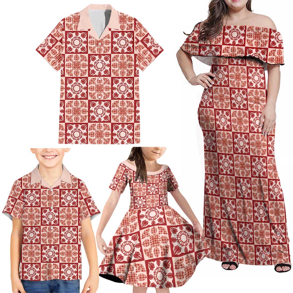 Ulaula Palaka Quilt Hawaii Family Matching Off Shoulder Maxi Dress and Hawaiian Shirt Hawaiian Tropical Monstera Sea Turtle