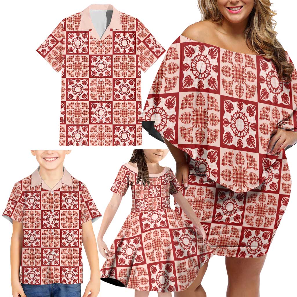 Ulaula Palaka Quilt Hawaii Family Matching Off Shoulder Short Dress and Hawaiian Shirt Hawaiian Tropical Monstera Sea Turtle