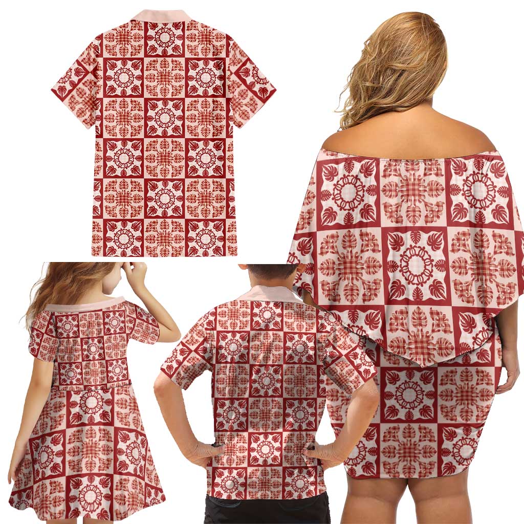 Ulaula Palaka Quilt Hawaii Family Matching Off Shoulder Short Dress and Hawaiian Shirt Hawaiian Tropical Monstera Sea Turtle