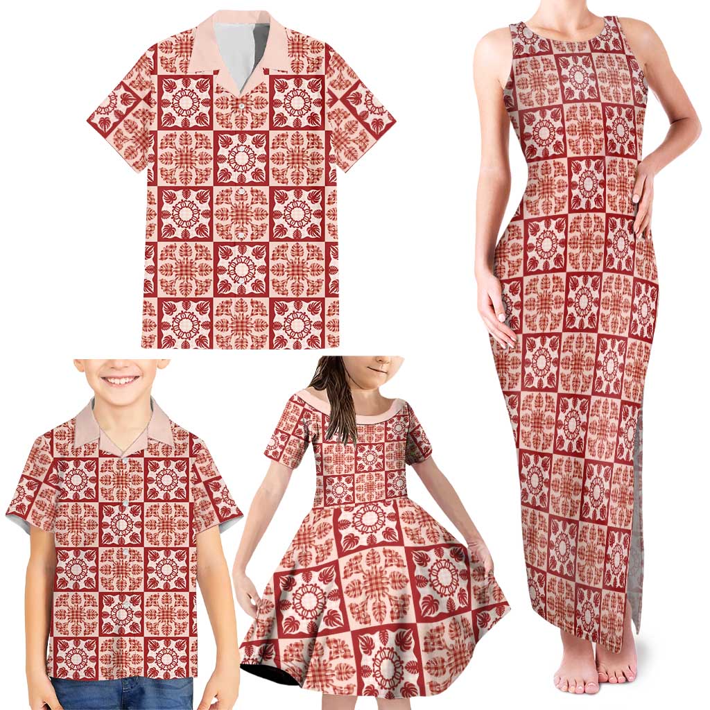Ulaula Palaka Quilt Hawaii Family Matching Tank Maxi Dress and Hawaiian Shirt Hawaiian Tropical Monstera Sea Turtle