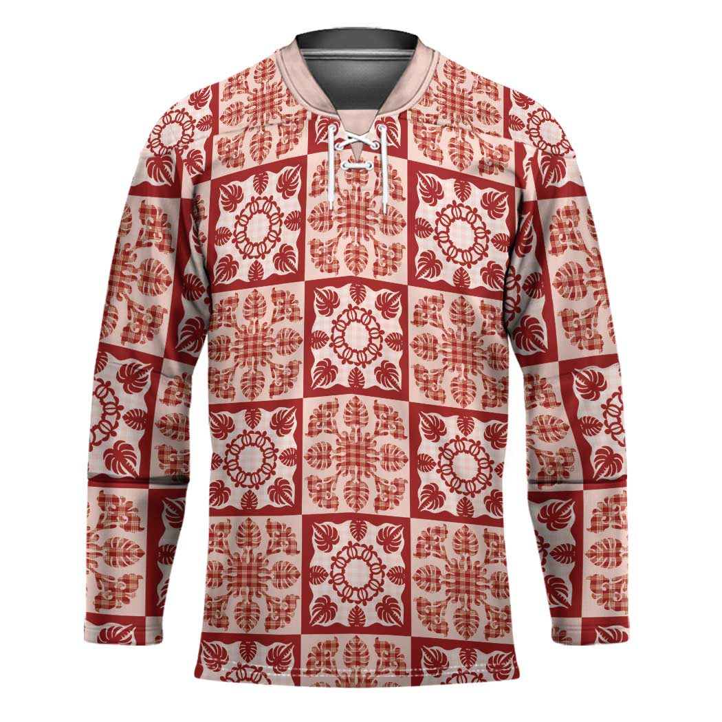 Ulaula Palaka Quilt Hawaii Hockey Jersey Hawaiian Tropical Monstera Sea Turtle LT14 Unisex Red - Polynesian Pride