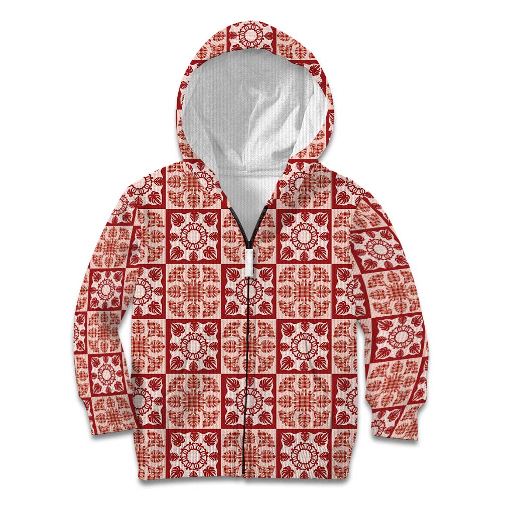 Ulaula Palaka Quilt Hawaii Kid Hoodie Hawaiian Tropical Monstera Sea Turtle LT14 Zip Hoodie Red - Polynesian Pride