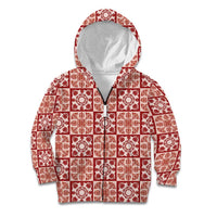 Ulaula Palaka Quilt Hawaii Kid Hoodie Hawaiian Tropical Monstera Sea Turtle LT14 Zip Hoodie Red - Polynesian Pride