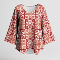 Ulaula Palaka Quilt Hawaii Kimono Sleeve Blouse Hawaiian Tropical Monstera Sea Turtle LT14 Female Red - Polynesian Pride