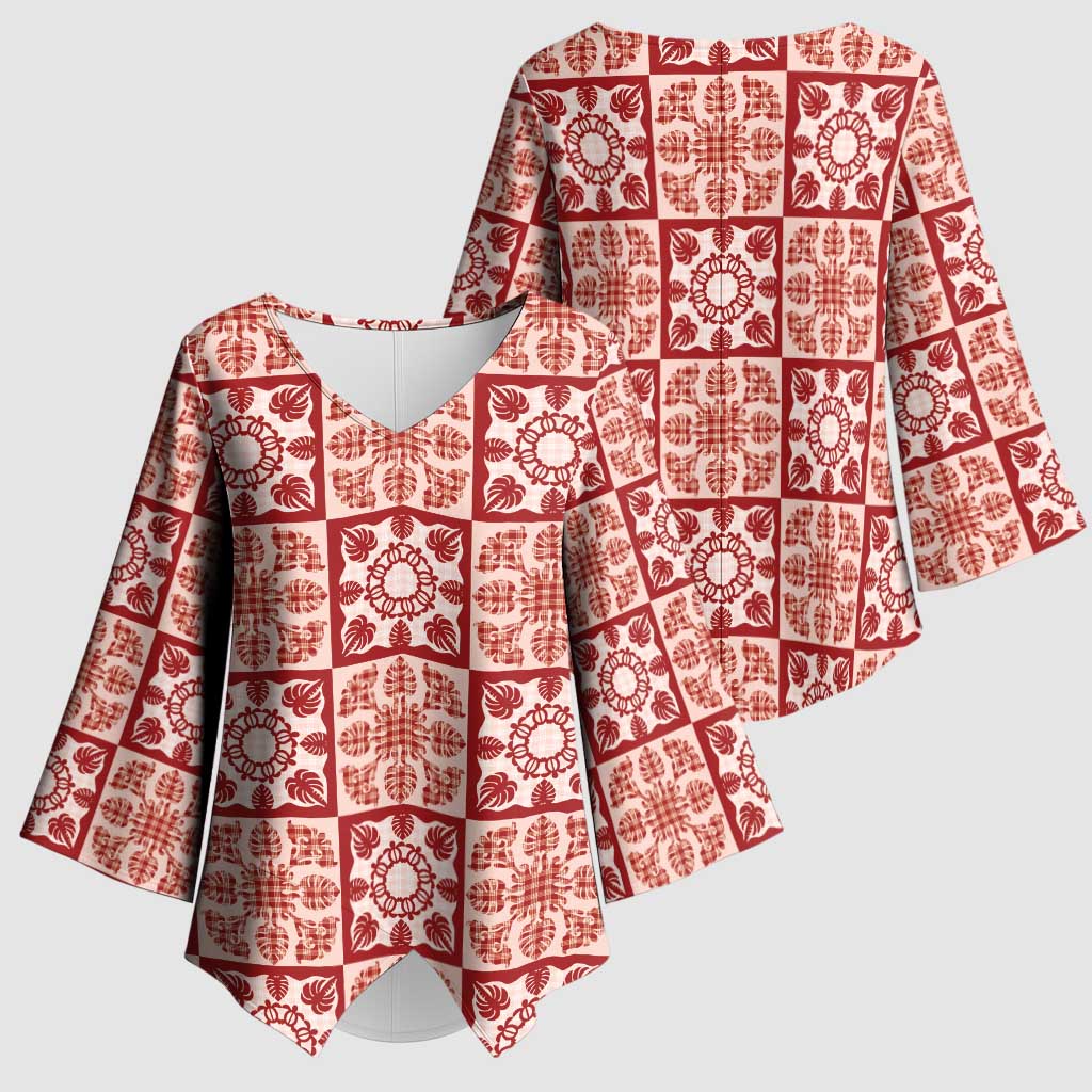 Ulaula Palaka Quilt Hawaii Kimono Sleeve Blouse Hawaiian Tropical Monstera Sea Turtle LT14 - Polynesian Pride