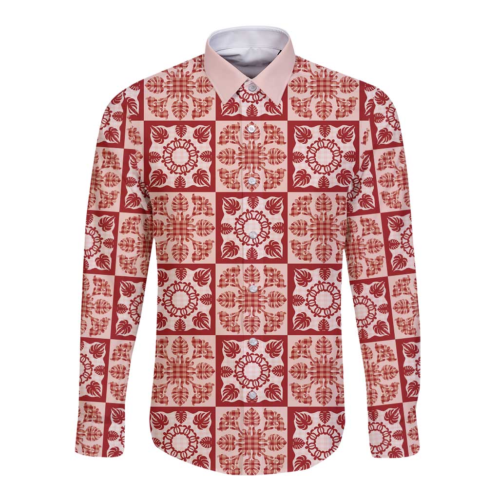 Ulaula Palaka Quilt Hawaii Long Sleeve Button Shirt Hawaiian Tropical Monstera Sea Turtle LT14 Unisex Red - Polynesian Pride