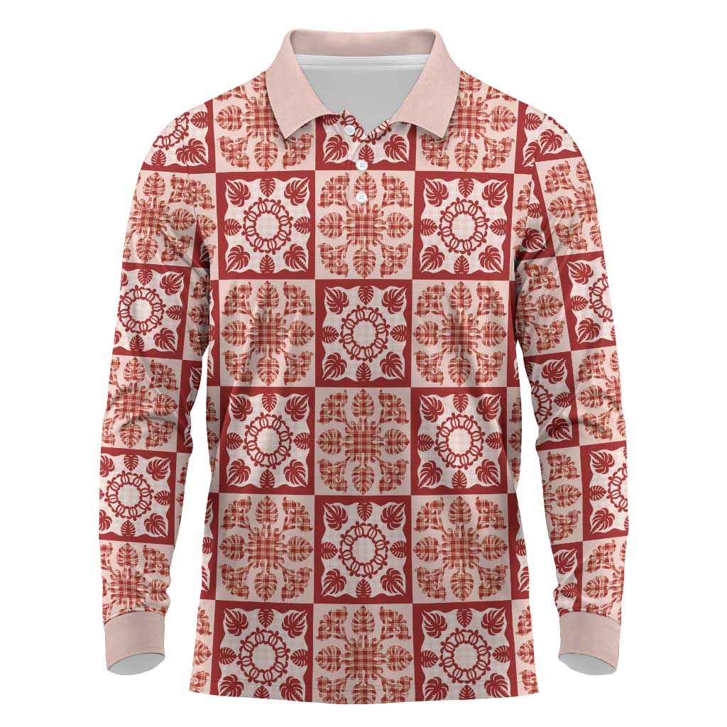 Ulaula Palaka Quilt Hawaii Long Sleeve Polo Shirt Hawaiian Tropical Monstera Sea Turtle LT14 Red - Polynesian Pride