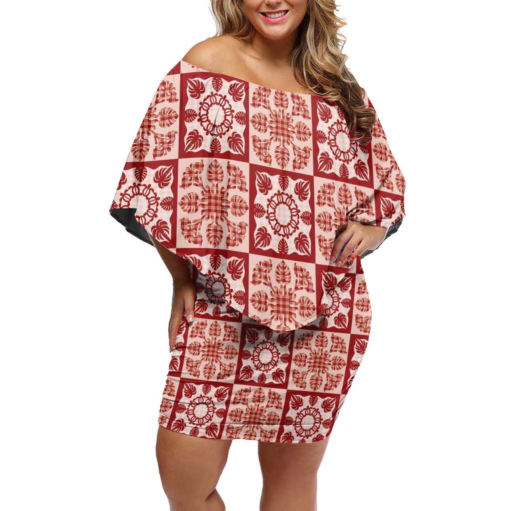Ulaula Palaka Quilt Hawaii Off Shoulder Short Dress Hawaiian Tropical Monstera Sea Turtle