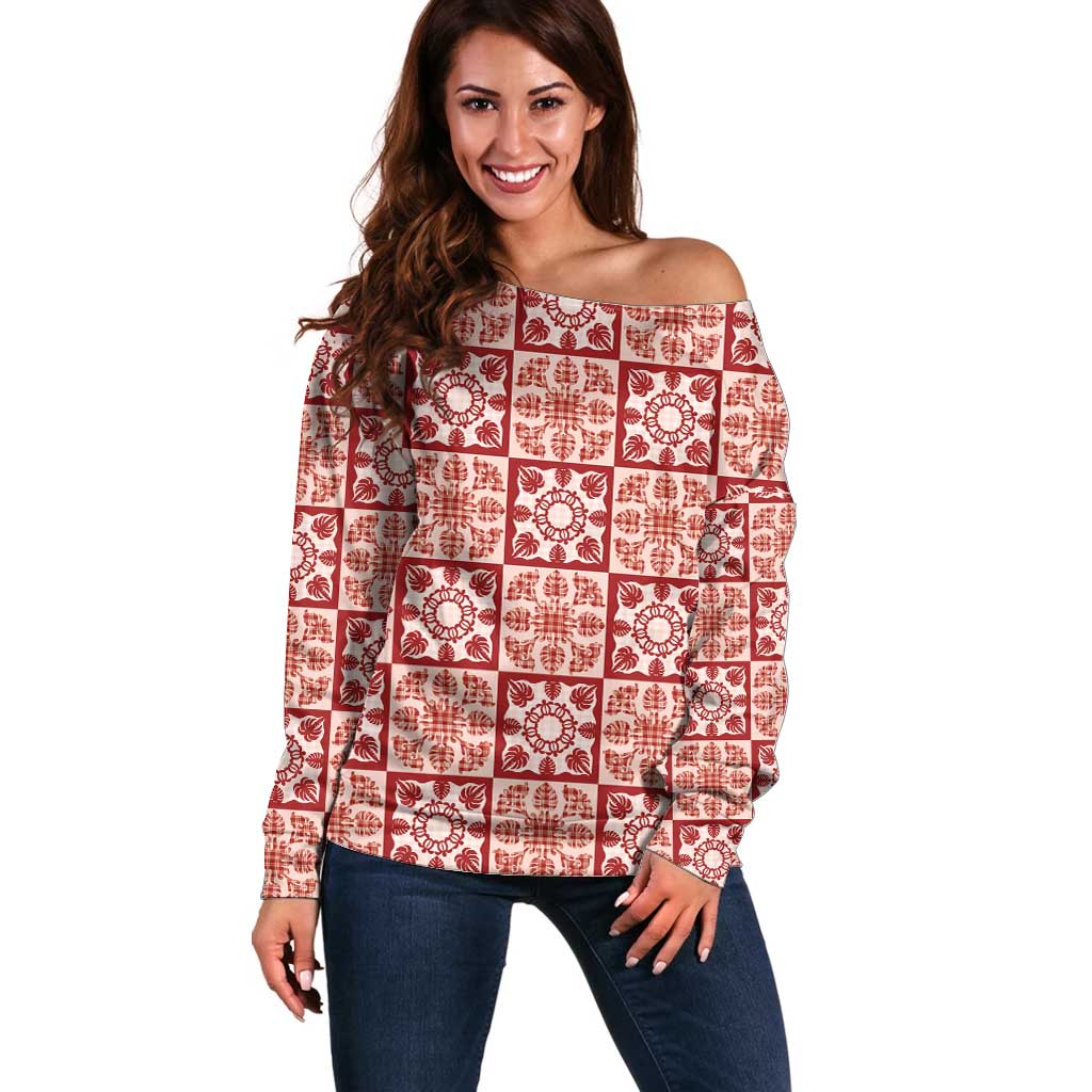 Ulaula Palaka Quilt Hawaii Off Shoulder Sweater Hawaiian Tropical Monstera Sea Turtle LT14 Women Red - Polynesian Pride