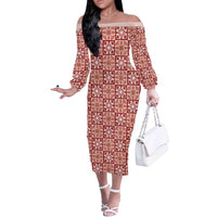 Ulaula Palaka Quilt Hawaii Off The Shoulder Long Sleeve Dress Hawaiian Tropical Monstera Sea Turtle LT14 Women Red - Polynesian Pride