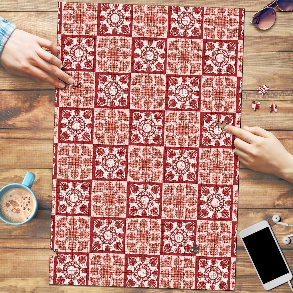 Ulaula Palaka Quilt Hawaii Puzzle Hawaiian Tropical Monstera Sea Turtle LT14 Red - Polynesian Pride