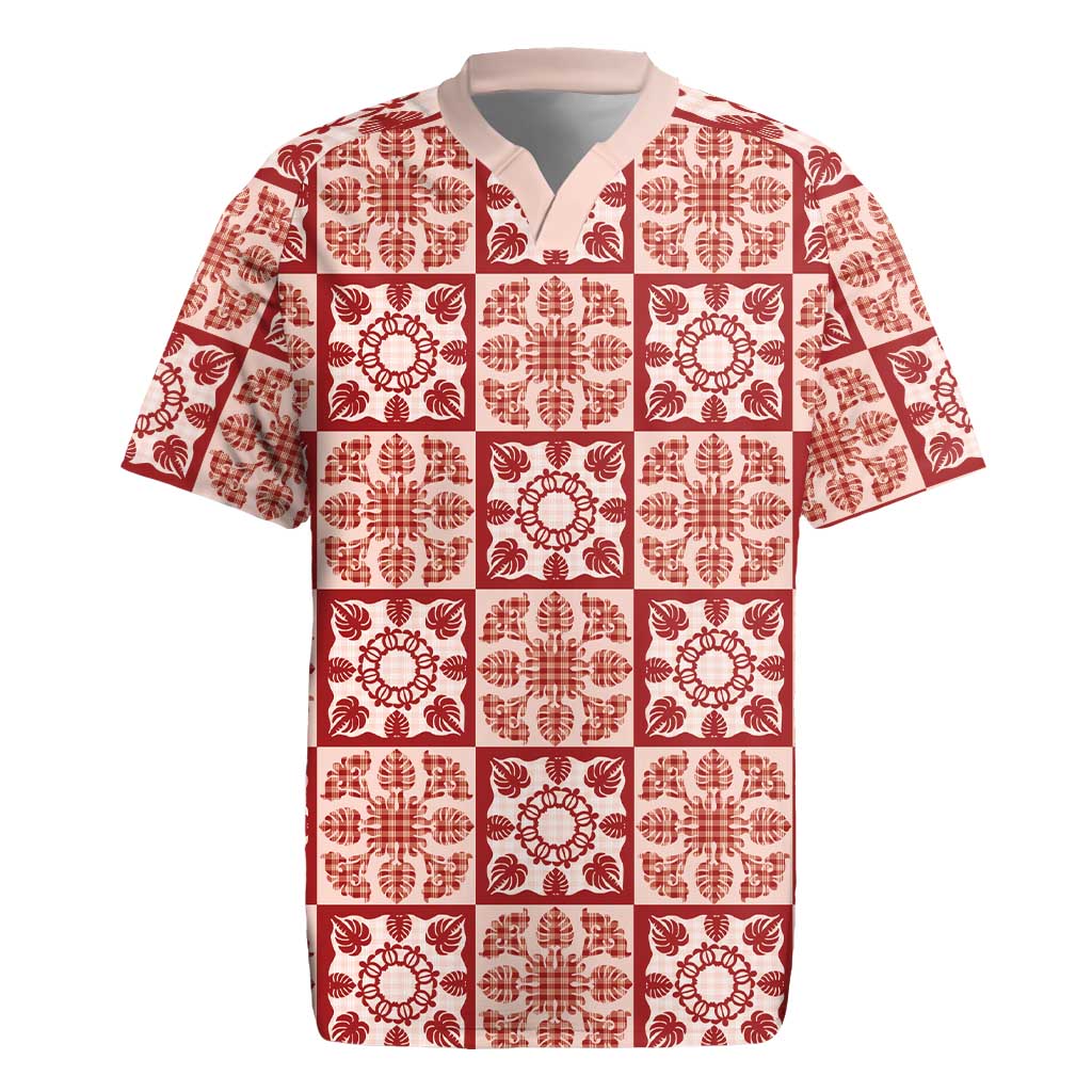 Ulaula Palaka Quilt Hawaii Rugby Jersey Hawaiian Tropical Monstera Sea Turtle LT14 Red - Polynesian Pride