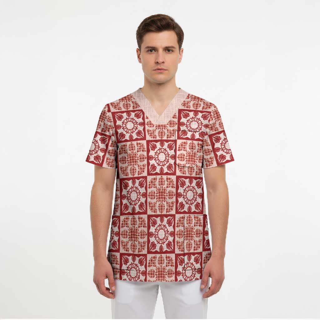Ulaula Palaka Quilt Hawaii Scrub Top Hawaiian Tropical Monstera Sea Turtle