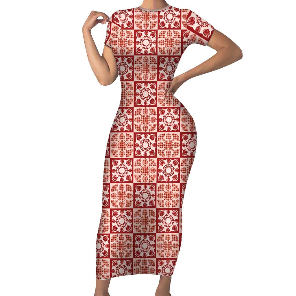 Ulaula Palaka Quilt Hawaii Short Sleeve Bodycon Dress Hawaiian Tropical Monstera Sea Turtle LT14 Long Dress Red - Polynesian Pride