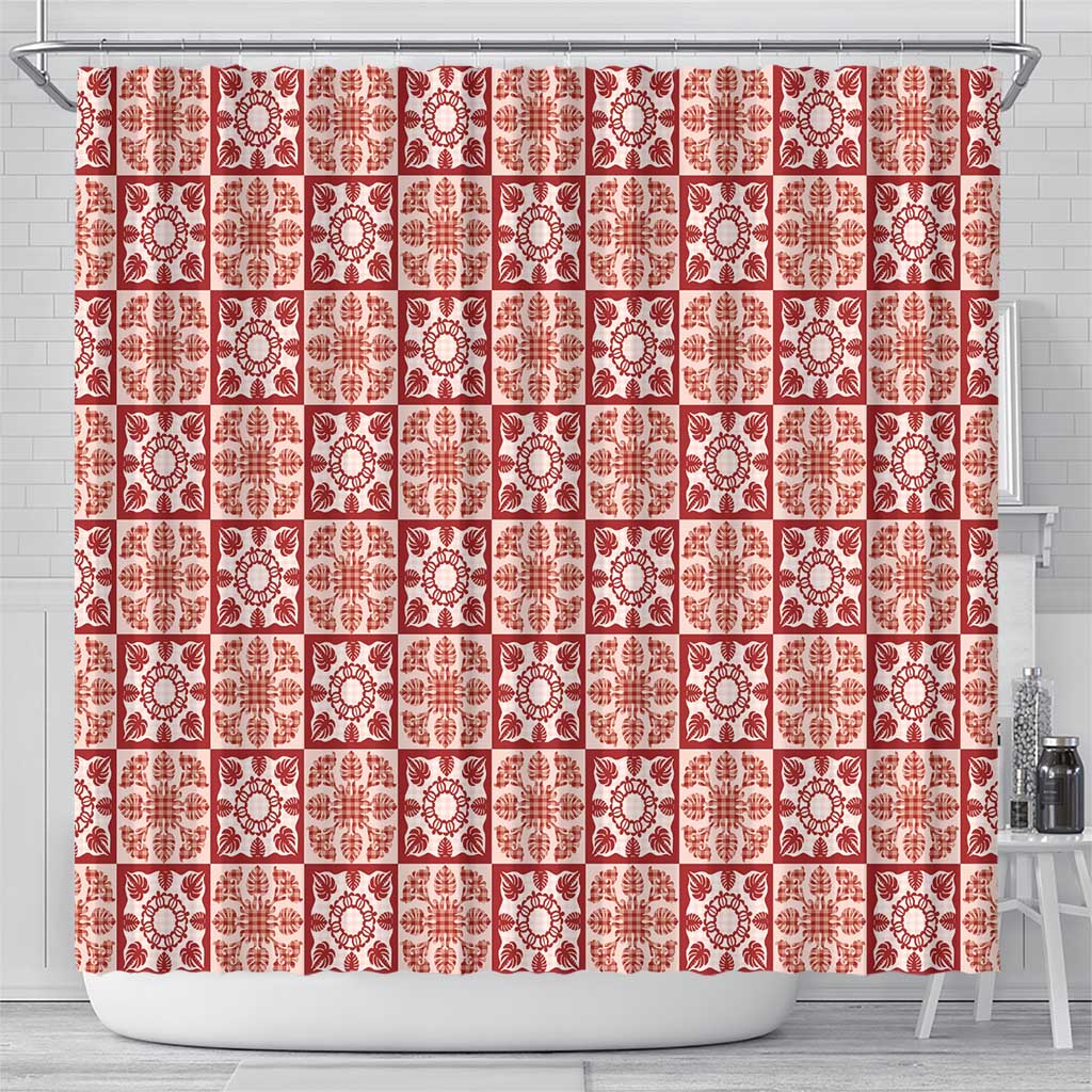 Ulaula Palaka Quilt Hawaii Shower Curtain Hawaiian Tropical Monstera Sea Turtle LT14 - Polynesian Pride