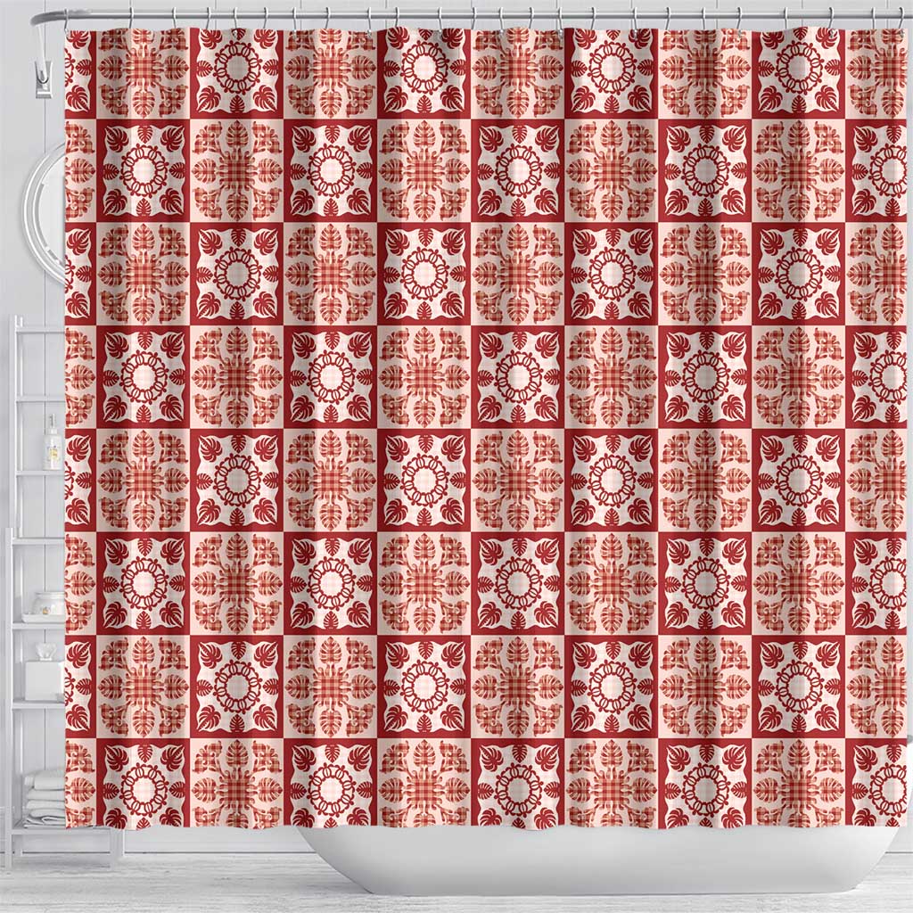 Ulaula Palaka Quilt Hawaii Shower Curtain Hawaiian Tropical Monstera Sea Turtle LT14 - Polynesian Pride