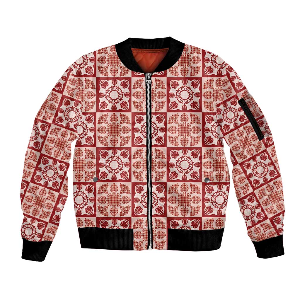 Ulaula Palaka Quilt Hawaii Sleeve Zip Bomber Jacket Hawaiian Tropical Monstera Sea Turtle LT14 Unisex Red - Polynesian Pride