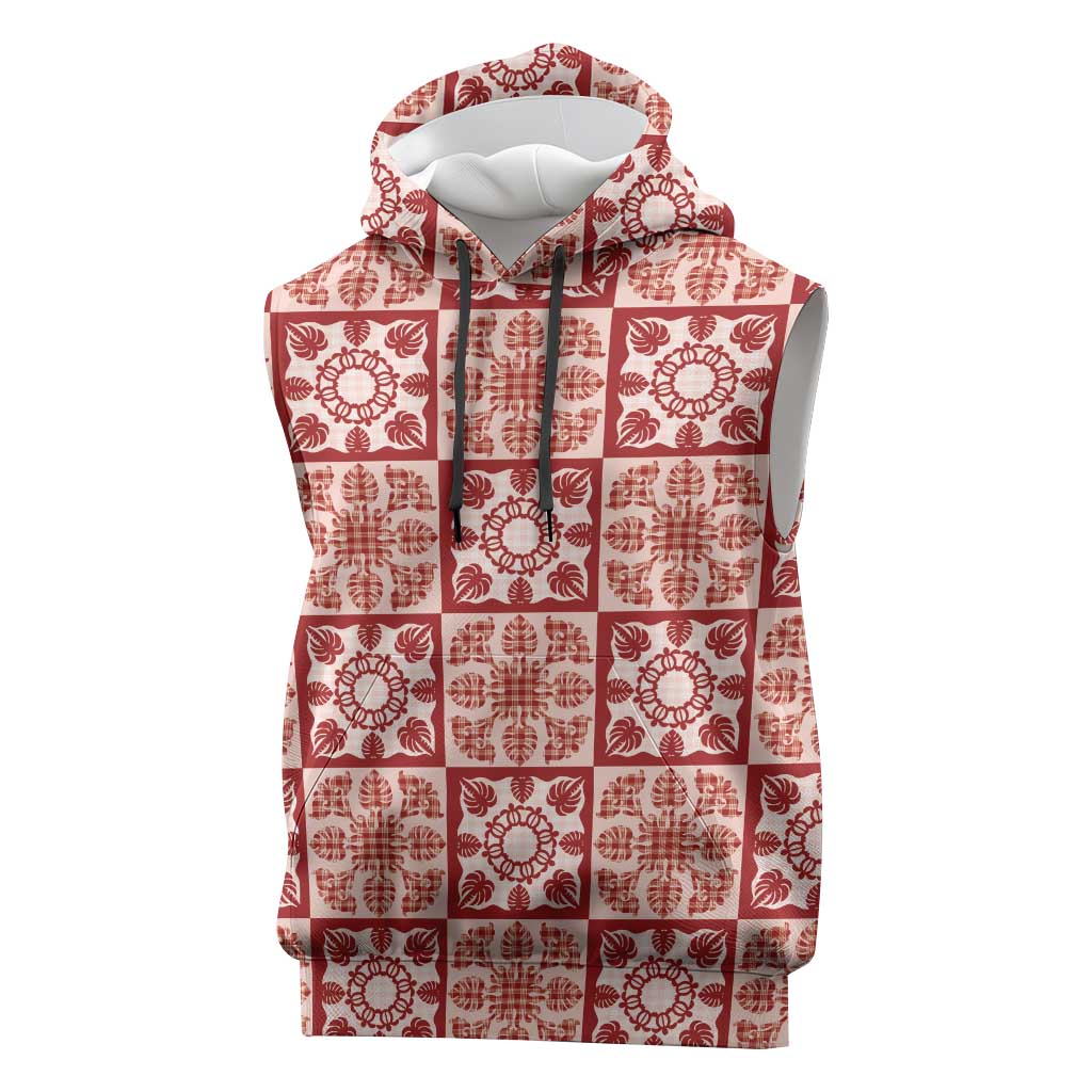 Ulaula Palaka Quilt Hawaii Sleeveless Hoodie Hawaiian Tropical Monstera Sea Turtle LT14 Red - Polynesian Pride