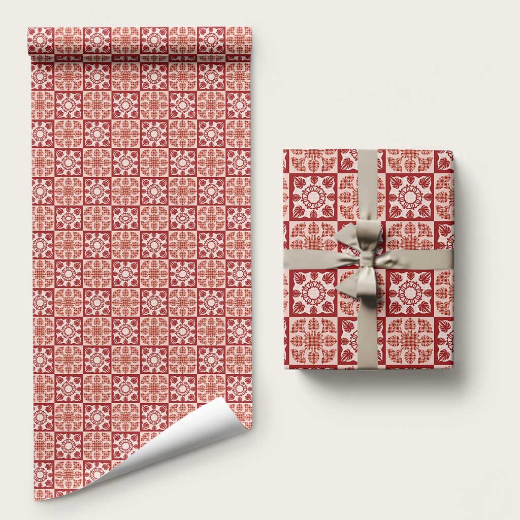Ulaula Palaka Quilt Hawaii Wrapping Paper Hawaiian Tropical Monstera Sea Turtle LT14 58" × 23" Red - Polynesian Pride