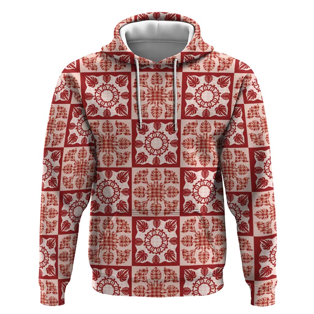 Ulaula Palaka Quilt Hawaii Zip Hoodie Hawaiian Tropical Monstera Sea Turtle LT14 Pullover Hoodie Red - Polynesian Pride