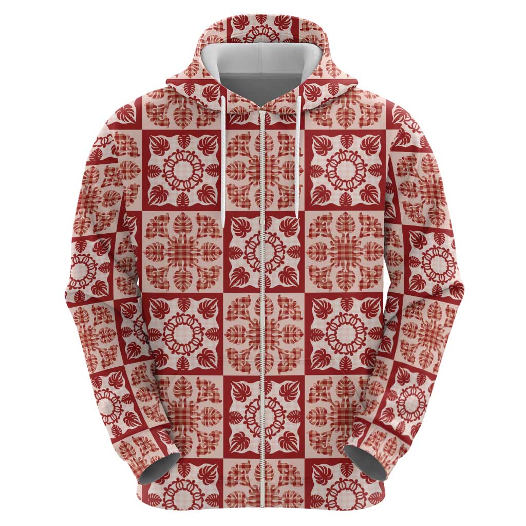 Ulaula Palaka Quilt Hawaii Zip Hoodie Hawaiian Tropical Monstera Sea Turtle LT14 - Polynesian Pride