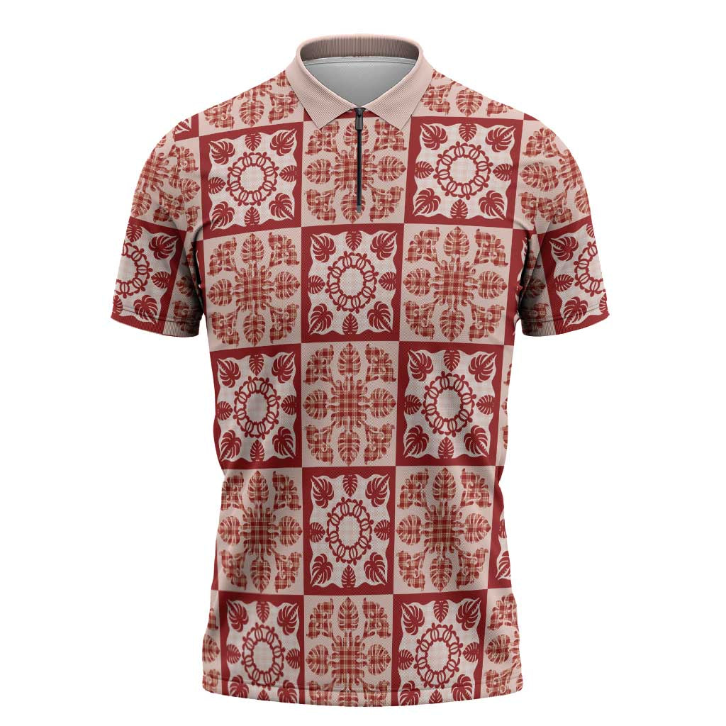 Ulaula Palaka Quilt Hawaii Zipper Polo Shirt Hawaiian Tropical Monstera Sea Turtle LT14 Red - Polynesian Pride