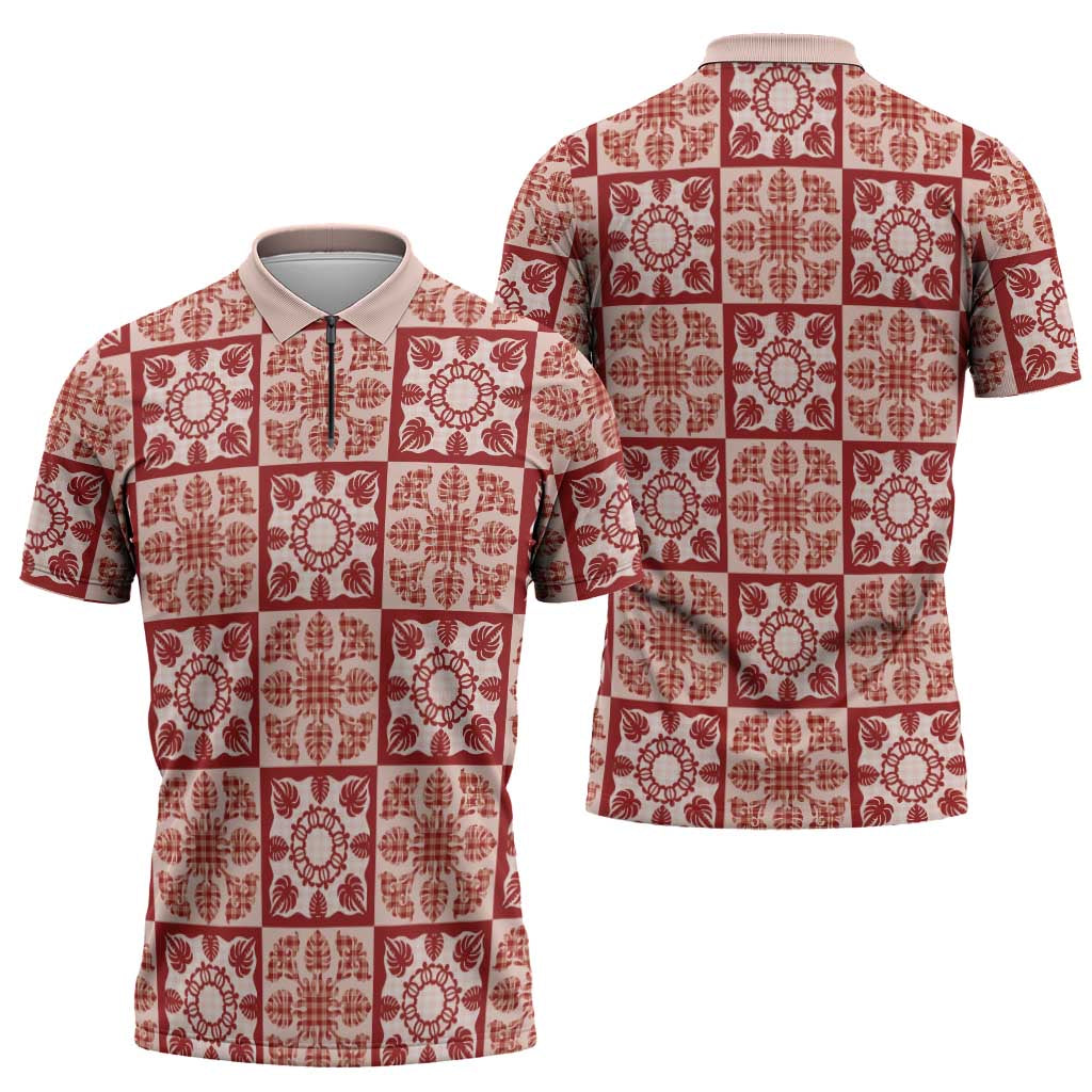 Ulaula Palaka Quilt Hawaii Zipper Polo Shirt Hawaiian Tropical Monstera Sea Turtle LT14 - Polynesian Pride