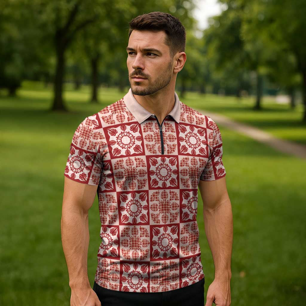 Ulaula Palaka Quilt Hawaii Zipper Polo Shirt Hawaiian Tropical Monstera Sea Turtle LT14 - Polynesian Pride
