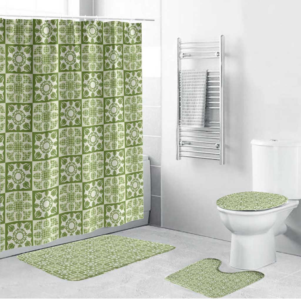 Omaomao Palaka Quilt Hawaii Bathroom Set Hawaiian Tropical Monstera Sea Turtle LT14 Bathroom Set (4 pcs) Green - Polynesian Pride