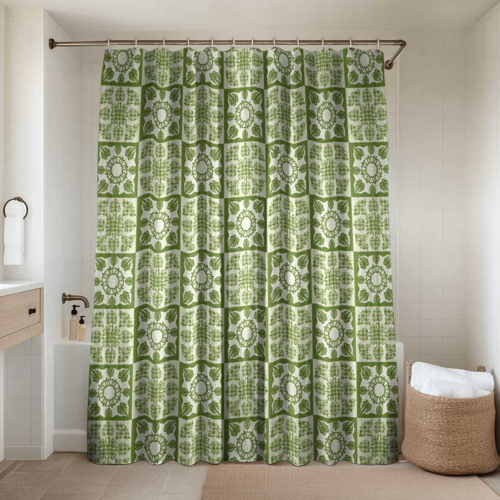Omaomao Palaka Quilt Hawaii Bathroom Set Hawaiian Tropical Monstera Sea Turtle LT14 Shower Curtain Only Green - Polynesian Pride