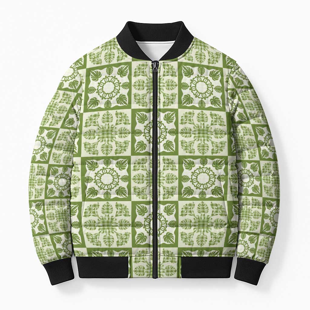 Omaomao Palaka Quilt Hawaii Bomber Puffer Jacket Hawaiian Tropical Monstera Sea Turtle LT14 Unisex Green - Polynesian Pride