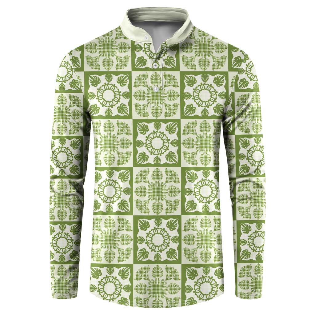 Omaomao Palaka Quilt Hawaii Button Sweatshirt Hawaiian Tropical Monstera Sea Turtle LT14 Green - Polynesian Pride