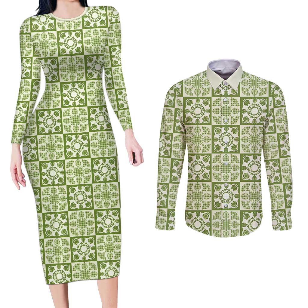Omaomao Palaka Quilt Hawaii Couples Matching Long Sleeve Bodycon Dress and Long Sleeve Button Shirt Hawaiian Tropical Monstera Sea Turtle LT14 Green - Polynesian Pride