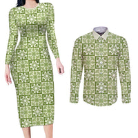 Omaomao Palaka Quilt Hawaii Couples Matching Long Sleeve Bodycon Dress and Long Sleeve Button Shirt Hawaiian Tropical Monstera Sea Turtle